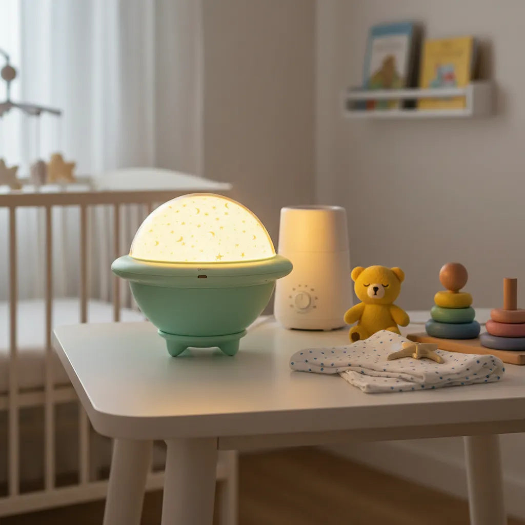 Luminária UFO usada como abajur de mesa com luz quente suave para hora do sono.