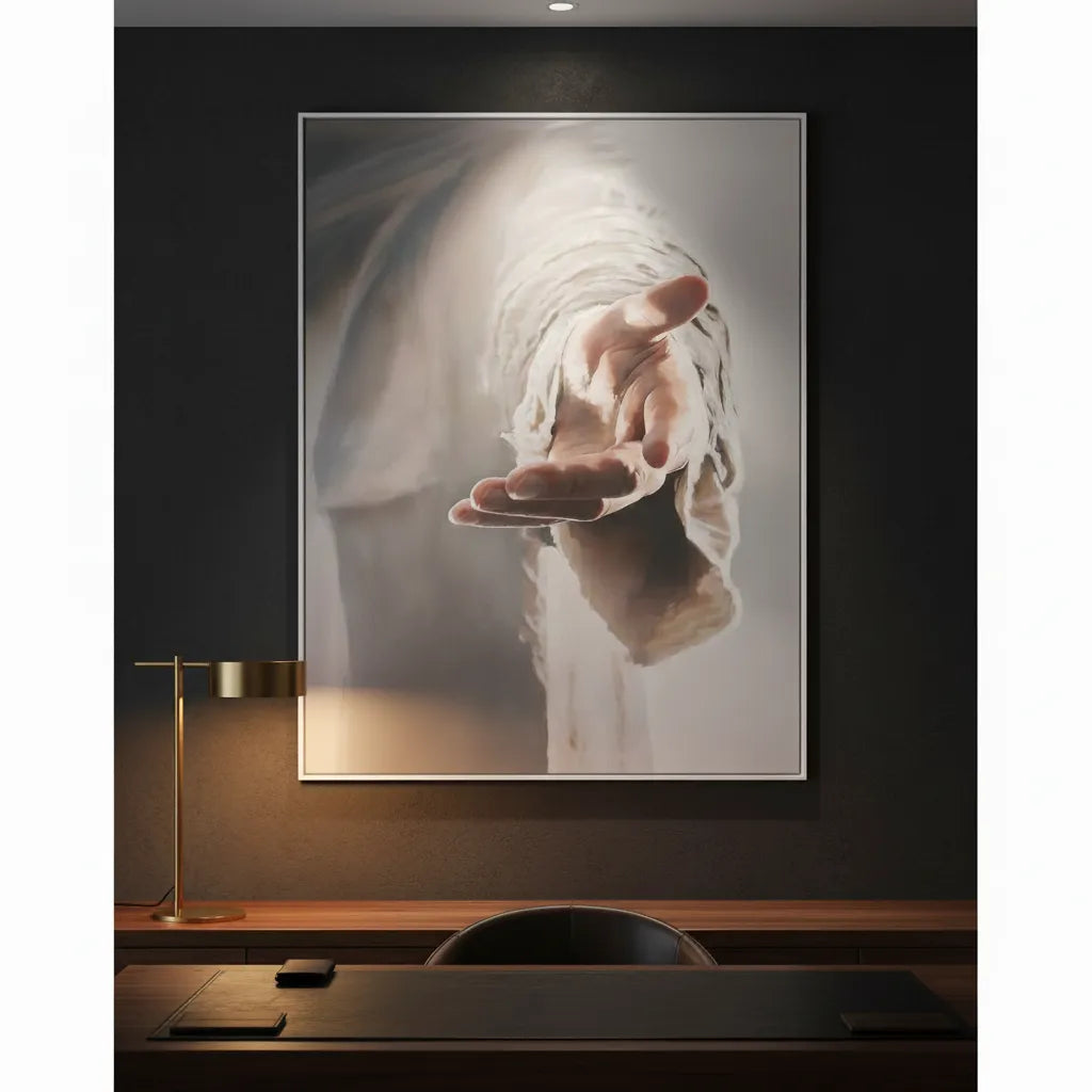 Quadro O Convite da Graça ambientado em sala de jantar luxuosa com Travertino texturizado, painéis de freijó e cerâmicas rústicas rústico-chic Casa Vértice.