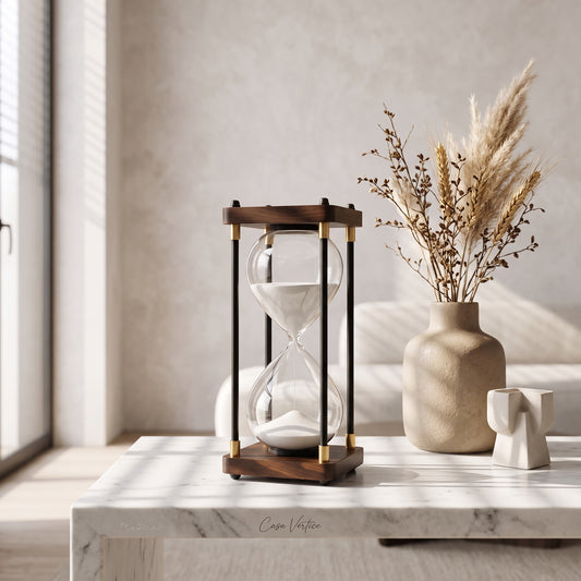 Ampulheta de areia branca sobre aparador de mármore com vaso de cerâmica, decoração de sala Casa Vértice.