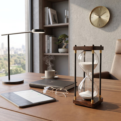 Ampulheta de areia branca em mesa de escritório de madeira nobre ao lado de tablet e óculos, estilo Casa Vértice.