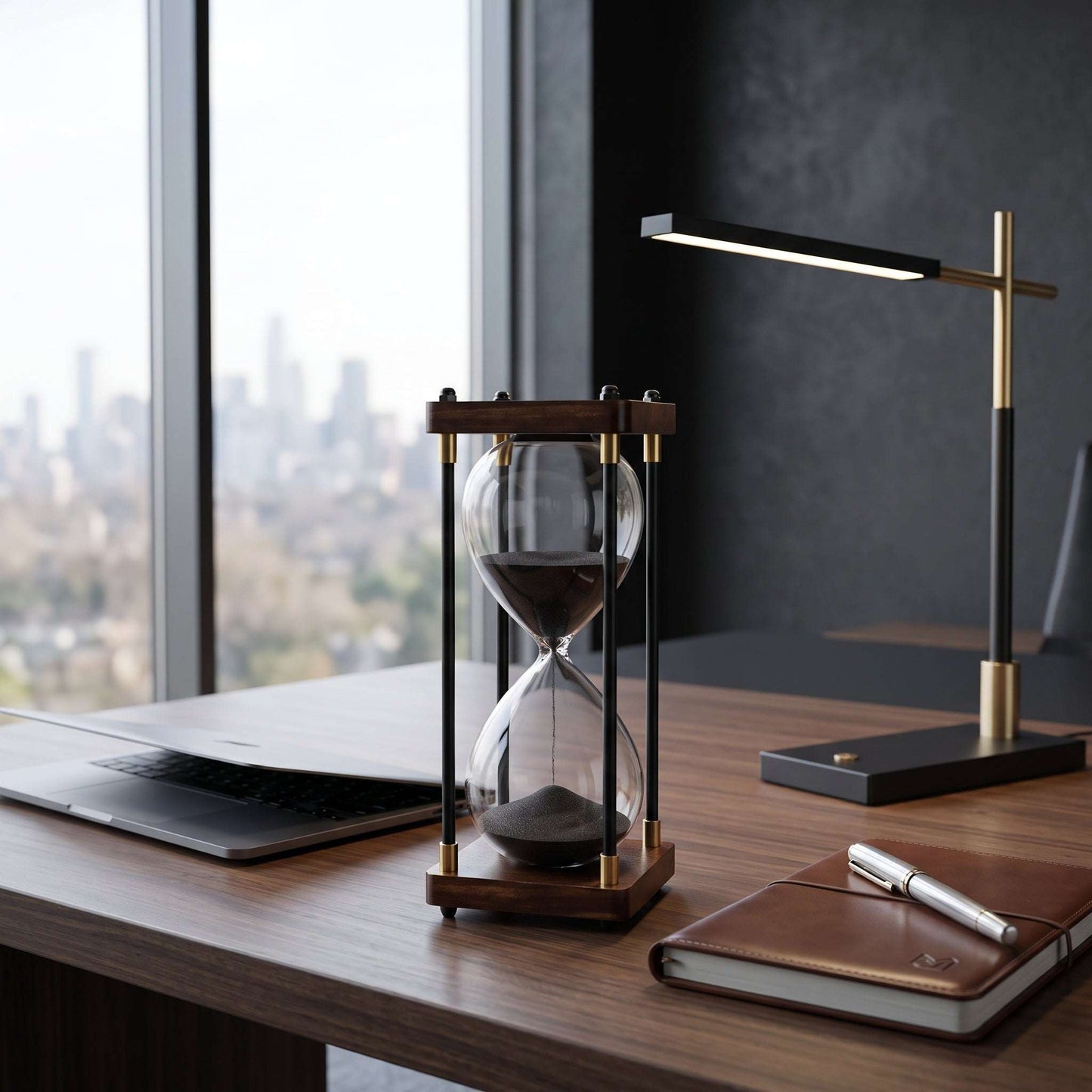Ampulheta decorativa de 30 minutos em mesa de escritório executivo com notebook, luminária articulada em metal e caderneta de couro, com vista urbana ao fundo, curadoria Casa Vértice.