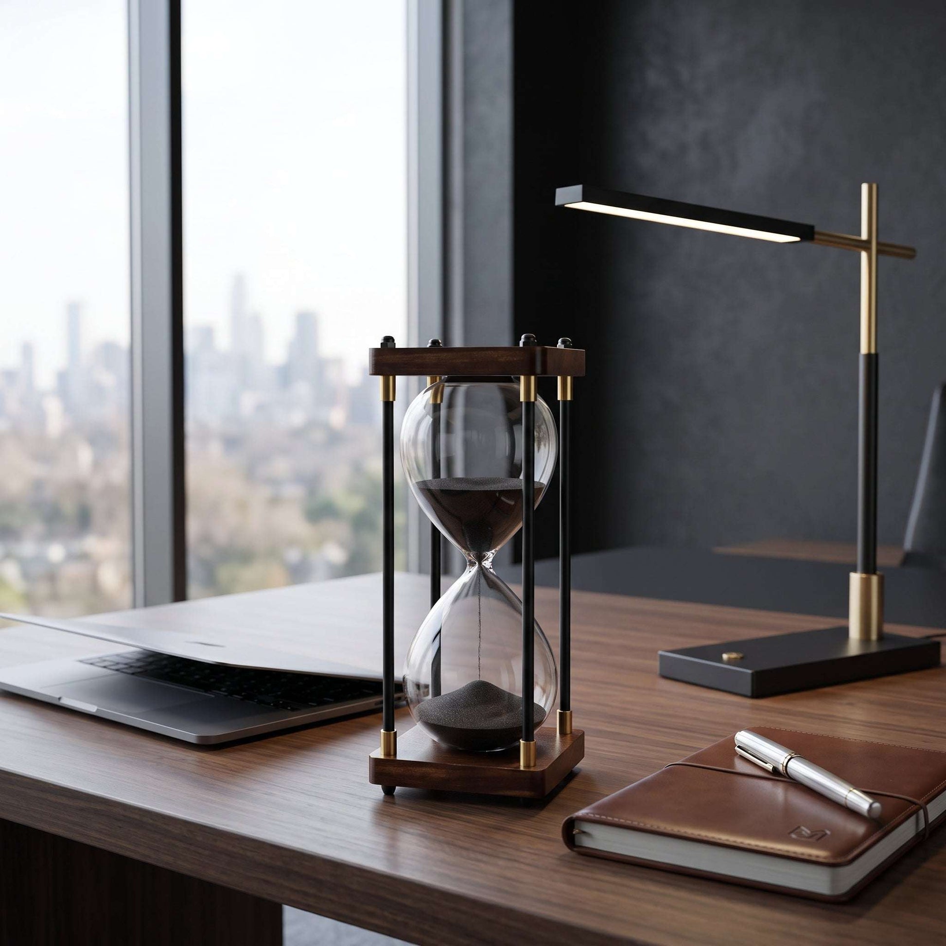 Ampulheta decorativa de 30 minutos em mesa de escritório executivo com notebook, luminária articulada em metal e caderneta de couro, com vista urbana ao fundo, curadoria Casa Vértice.