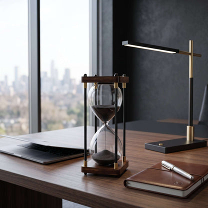 Ampulheta decorativa de 30 minutos em mesa de escritório executivo com notebook, luminária articulada em metal e caderneta de couro, com vista urbana ao fundo, curadoria Casa Vértice.