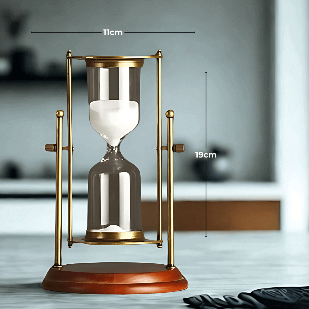 Ampulheta decorativa latão dourado base madeira 15 30 minutos Casa Vértice