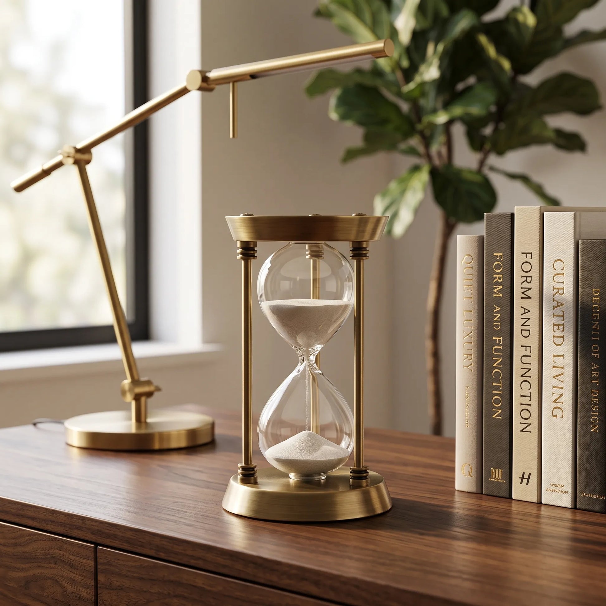 Ampulheta do tempo em metal estilo nórdico retrô sobre mesa de estudos com livros de design, Casa Vértice.
