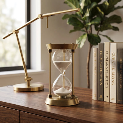Ampulheta do tempo em metal estilo nórdico retrô sobre mesa de estudos com livros de design, Casa Vértice.