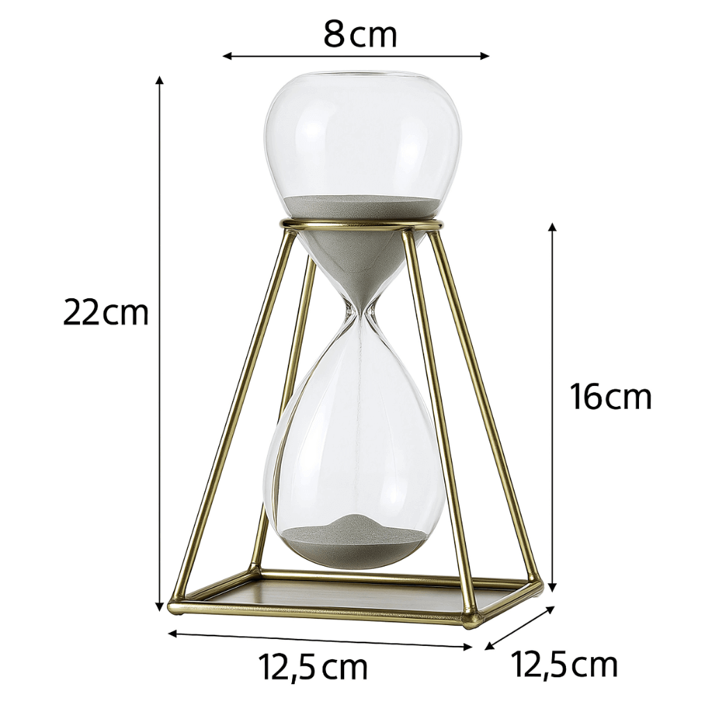 Ampulheta geométrica 22cm estrutura dourada premium escritório Casa Vértice