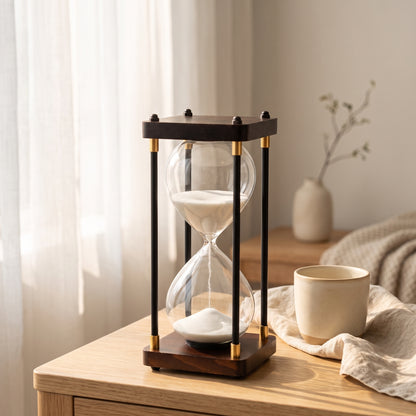 Ampulheta tempo com areia branca sobre mesa de apoio com xícara de café artesanal e luz de janela, estilo Casa Vértice.