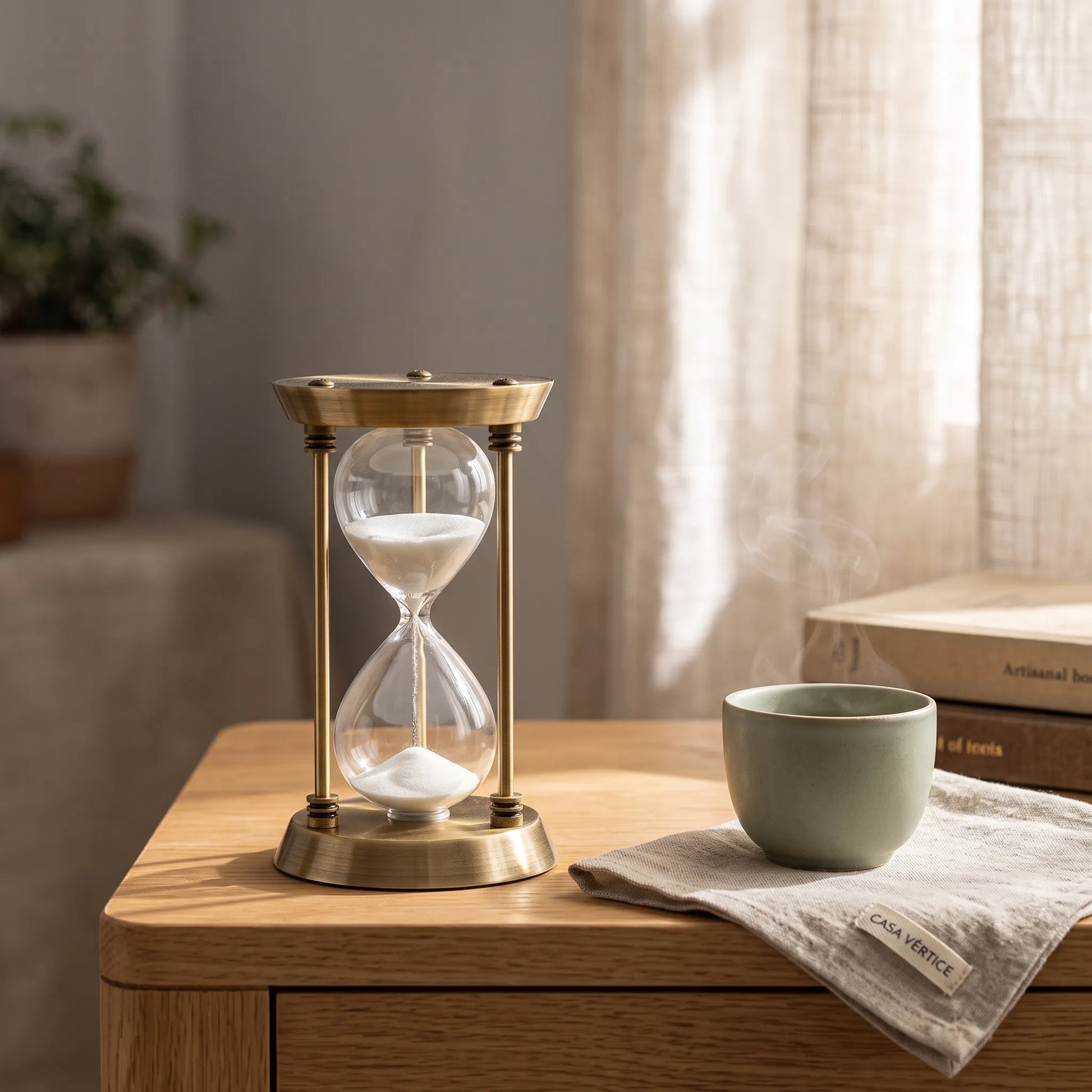 Ampulheta tempo de 15 minutos em metal sobre mesa de apoio com xícara de chá e luz natural, estilo Casa Vértice.