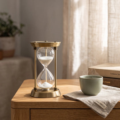 Ampulheta tempo de 15 minutos em metal sobre mesa de apoio com xícara de chá e luz natural, estilo Casa Vértice.