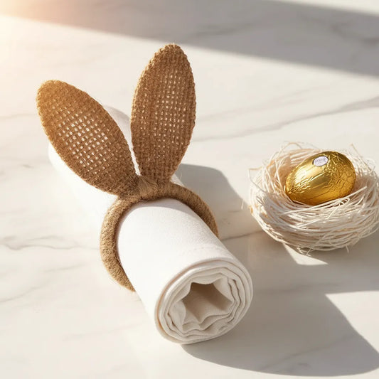 Anel de guardanapo rústico de coelho ao lado de ninho com ovo de chocolate dourado.