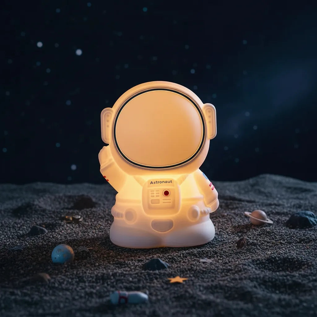 Luminária astronauta Astro Touch em cenário lúdico simulando superfície lunar com estrelas.