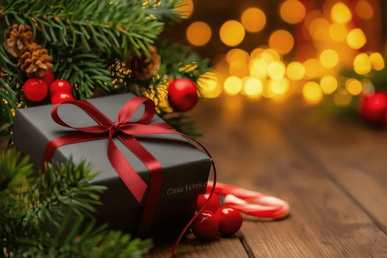 Presente de Natal elegante embrulhado com laço vermelho, enfeites natalinos sofisticados e luzes douradas ao fundo – decoração exclusiva Casa Vértice