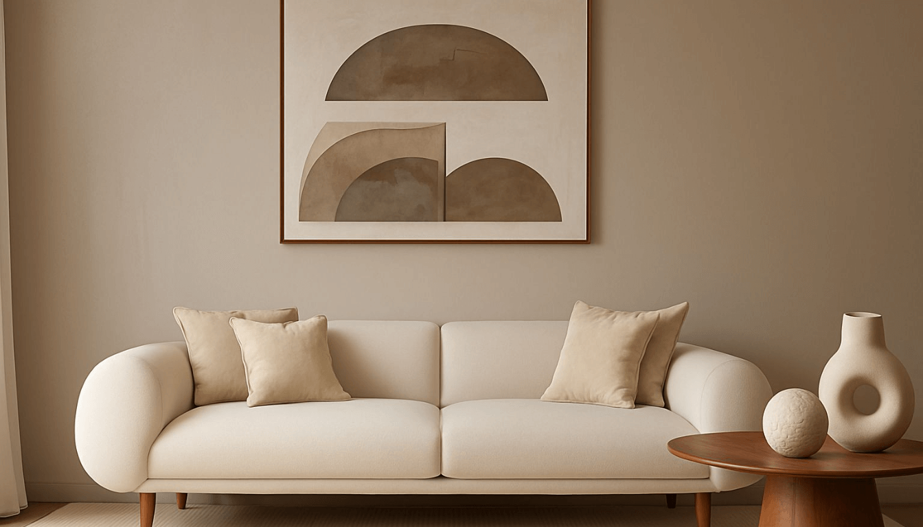 Ambiente de sala de estar com decoração minimalista sofisticada, móveis modernos em tons neutros e design exclusivo CasaVértice Home Decor.