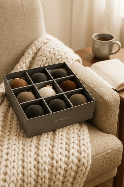 caixa com 9 bolas de natal esferas velvet 8 cm em paleta curada