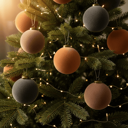 bola de natal aveludadas 8 cm penduradas na árvore com luzes