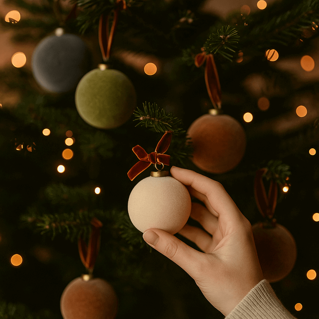 Bola de natal esferas aveludadas 8 cm penduradas na árvore com luzes