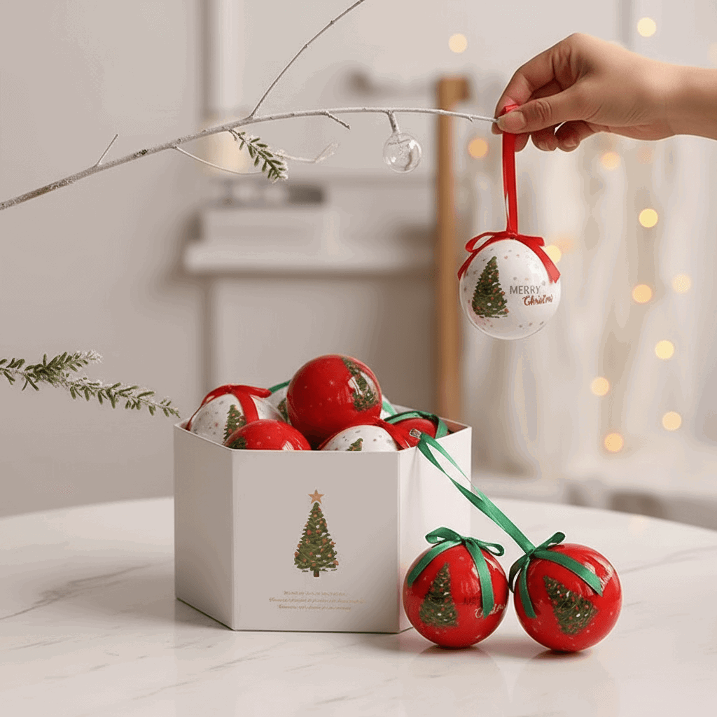caixa com 14 bolas de Natal tema árvore 8 cm