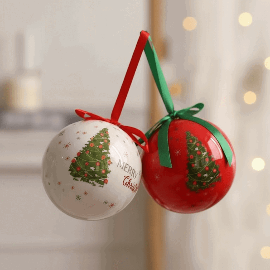 bolas de Natal tema árvore 8 cm com laço verde e vermelho