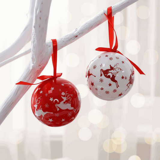Duas bolas de Natal 8 cm vermelho e branco com renas, fita vermelha para pendurar