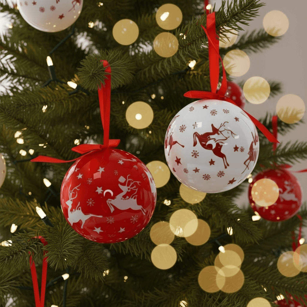 Bolas de Natal vermelho e branco com renas penduradas na árvore iluminada