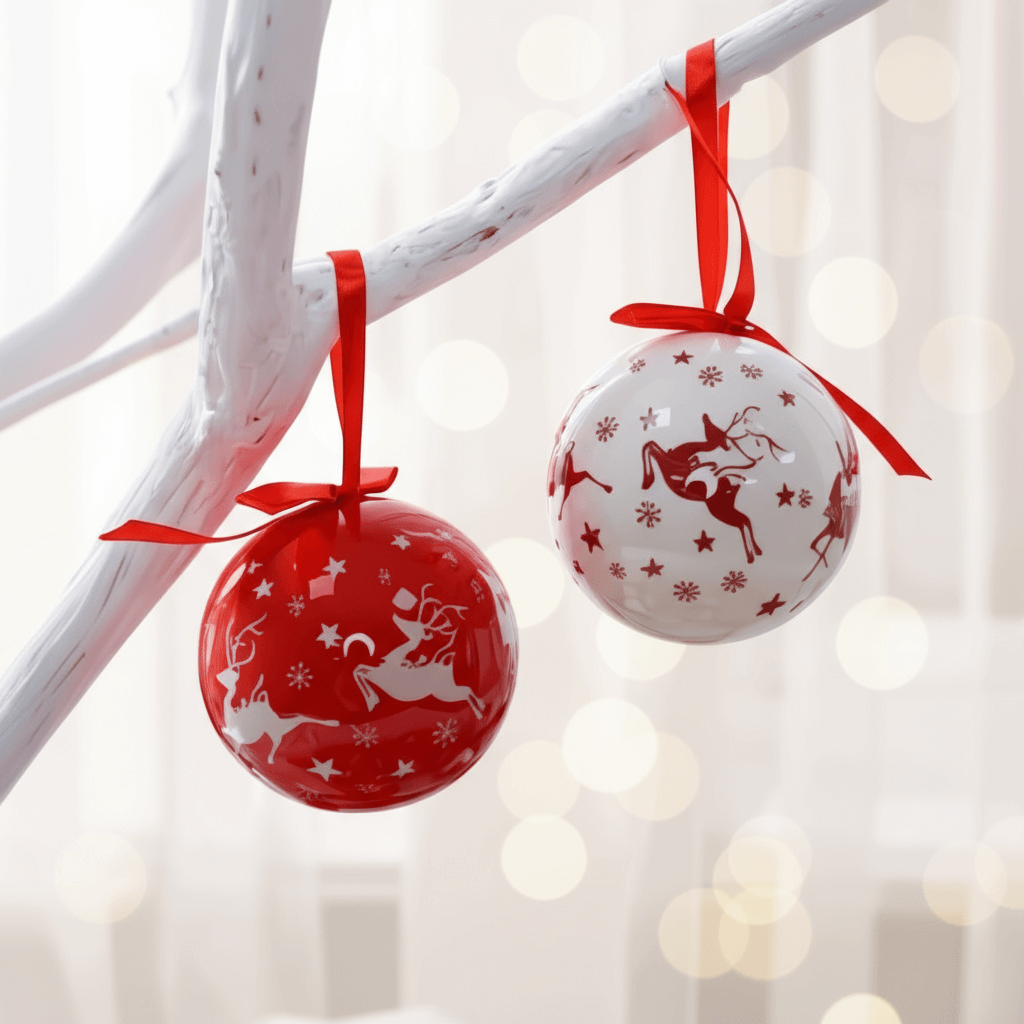 Duas bolas de Natal 8 cm vermelho e branco com renas, fita vermelha para pendurar