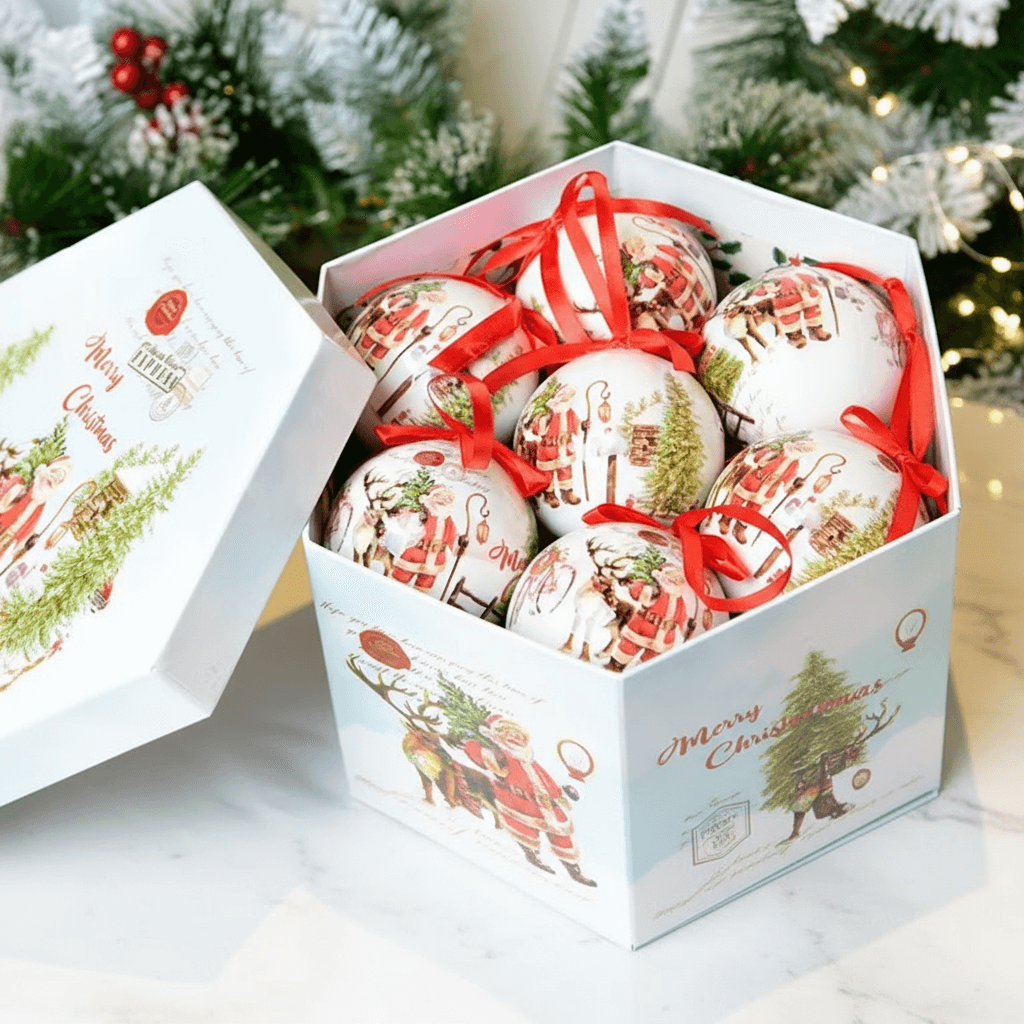 caixa com 14 bolas de Natal tema Papai Noel 8 cm