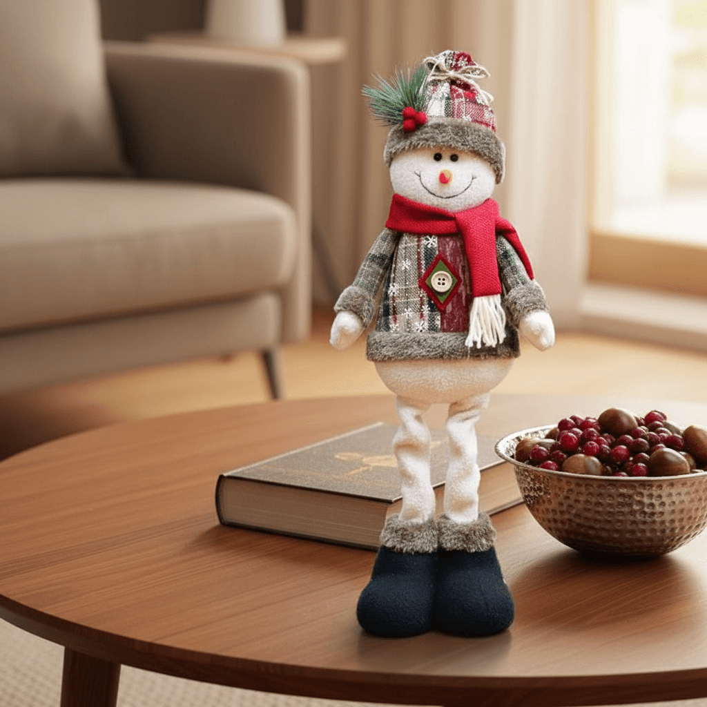 boneco de neve decorativo sobre mesa com cachecol vermelho