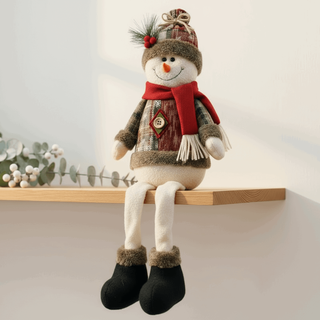boneco de neve sentado em prateleira com botas pretas