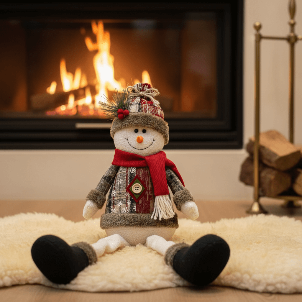 boneco de neve decorativo com pernas flexíveis diante da lareira
