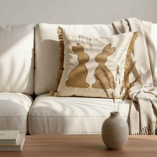 Capa de almofada decorativa de Páscoa com dois coelhos bordados frente a frente em tecido de linho natural