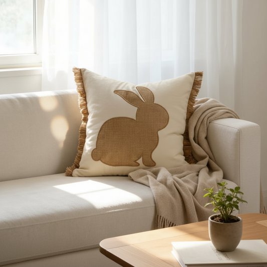 Capa de almofada quadrada em linho bege com bordado de um coelho silhueta e franjas em sofá de luxo.
