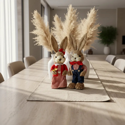 Decoração de páscoa sofisticada casal coelhos xadrez vichy em mesa de jantar travertino.