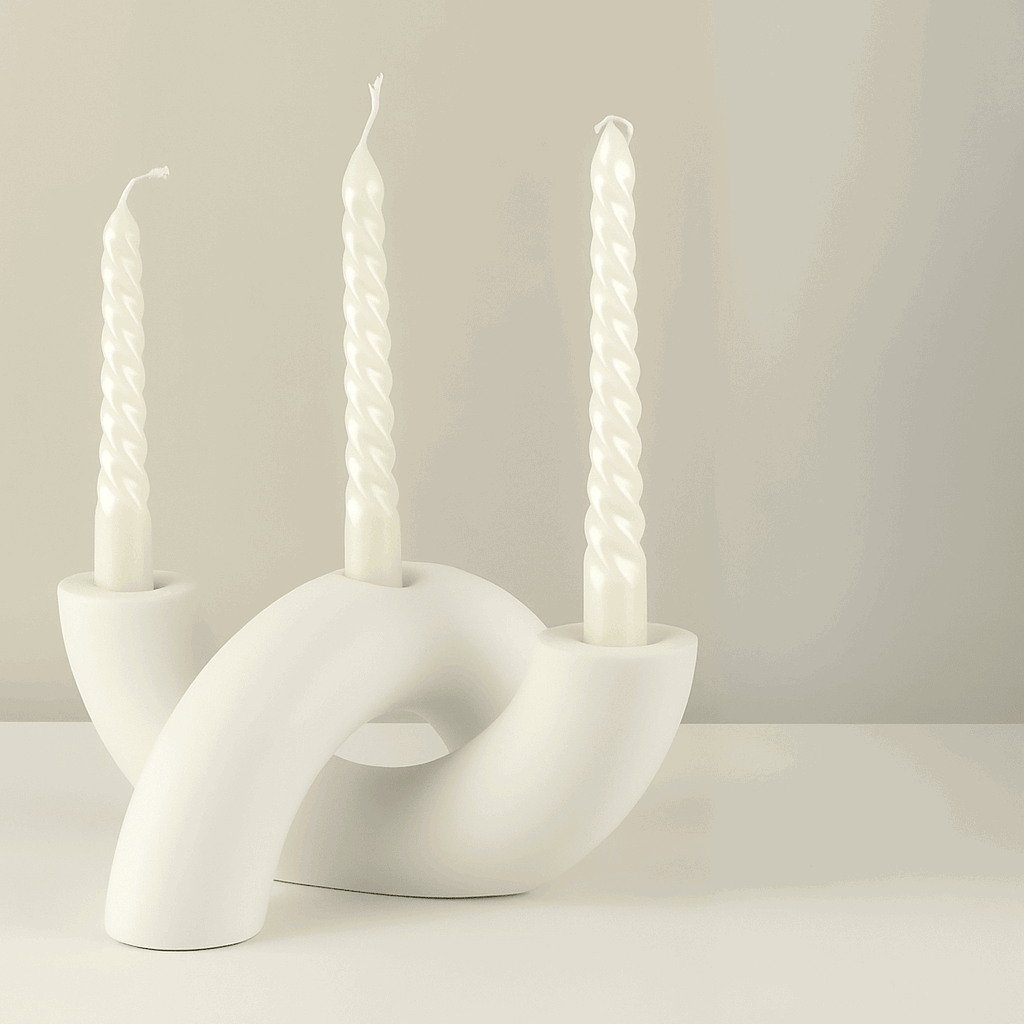 Castiçal em cerâmica formato arco 5 × 21,5 × 8,5 cm com furo 22 mm para vela cônica, design geométrico minimalista