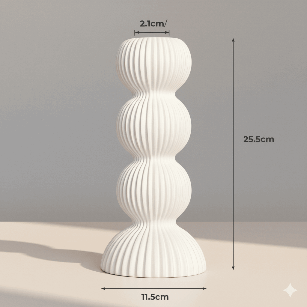 Castiçal geométrico em cerâmica preto tamanho P 8,5 × 19,5 cm com corpo estriado e alojamento para vela cônica 2,1 cm, design minimalista para mesas e aparadores