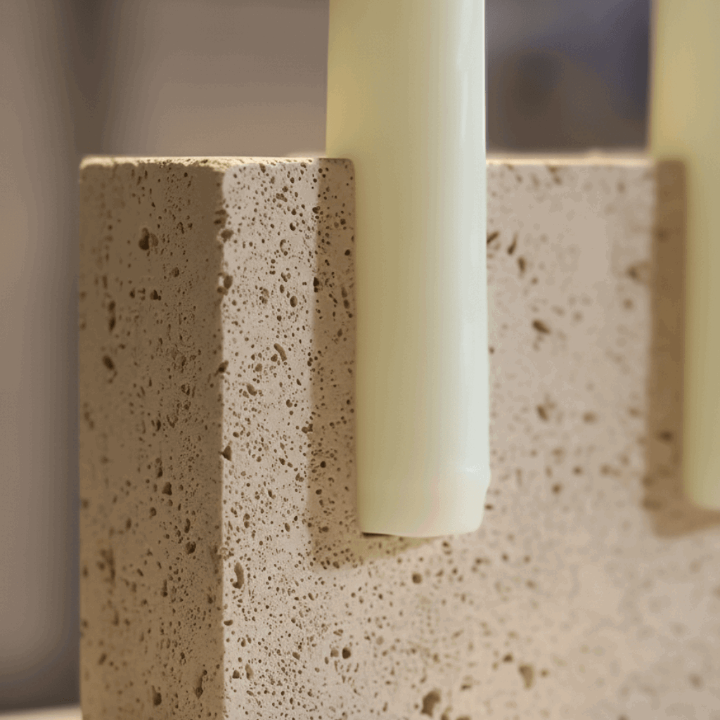 Detalhe do travertino com poros e variações naturais em castiçal artesanal, luz de vela acolhedora.