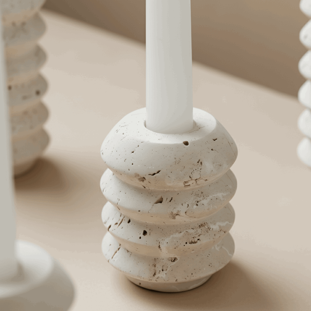 Detalhe do travertino com veios e poros autênticos em castiçal premium para velas 2 cm