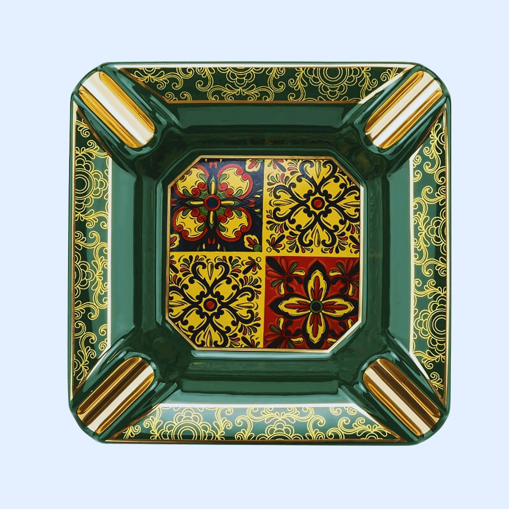 Cinzeiro luxo decorativo verde com detalhes dourados em sala de estar de luxo