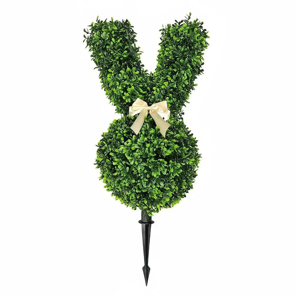 Coelho  de páscoa de buxinho artificial 55cm com laço bege para decoração de jardim e interiores