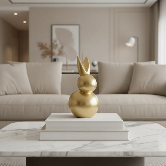 Decoração de páscoa moderna coelho dourado minimalista sobre livros de arte na sala.