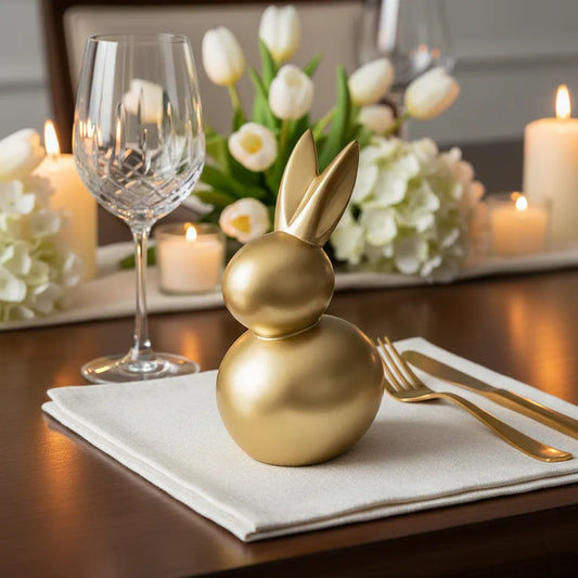Enfeite de mesa posta páscoa coelho resina dourada sofisticado com velas e taças.