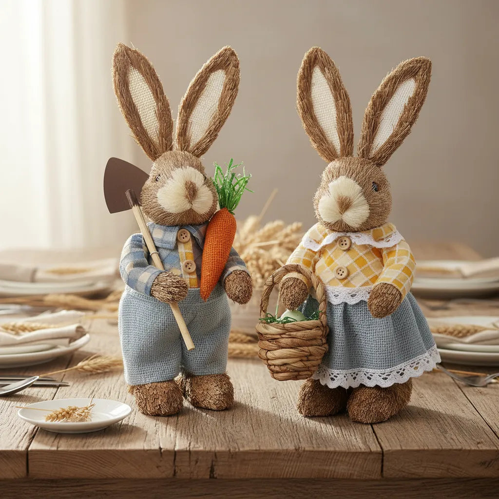 Decoração de Páscoa rústica com coelhos de palha natural 35cm em mesa posta de madeira.