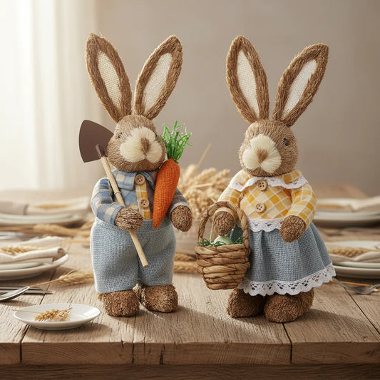 Decoração de Páscoa rústica com coelhos de palha natural 35cm em mesa posta de madeira.