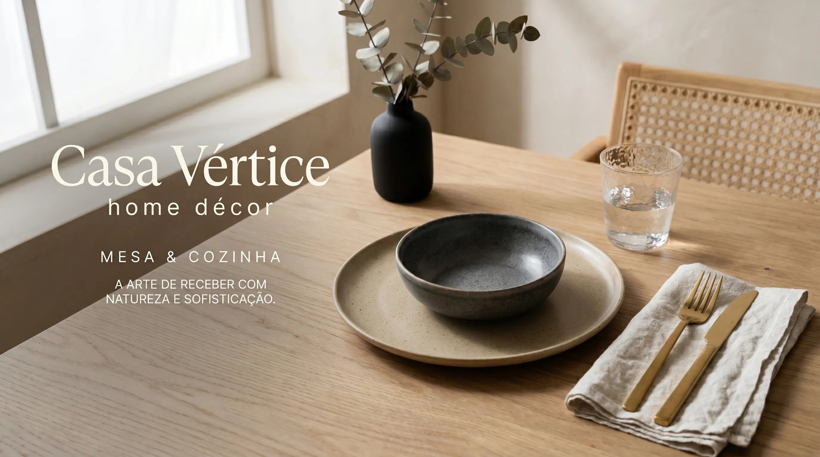 Artigos de luxo para mesa e cozinha, pratos escuros e talheres dourados minimalistas Casa Vértice