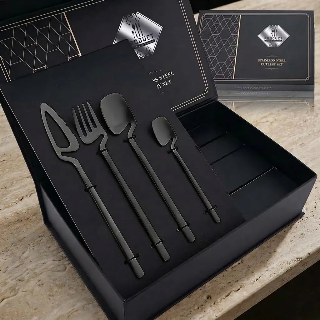 Faqueiro completo de 32 peças preto fosco organizado caixa de presente para servir 8 pessoas em mesa de luxo Casa Vertice.
