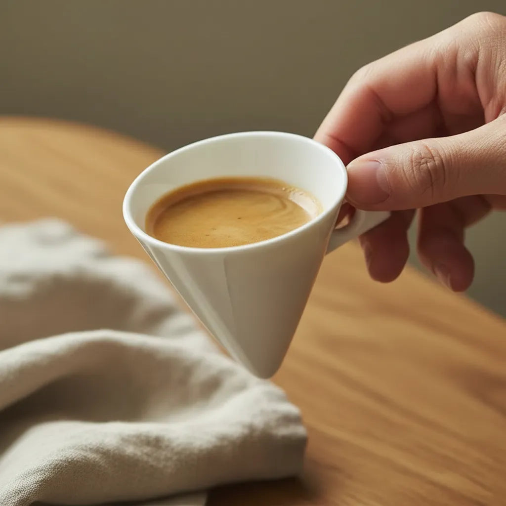 Vista superior de um copo de café demitasse cônico em Bone China cheio de expresso com crema, posicionado sobre pires côncavo e guardanapo de linho rústico. Uma peça de mesa posta simples e elegante da Casa Vértice
