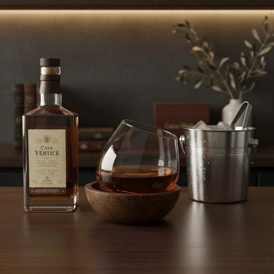 Copo de whisky Roly-Poly Casa Vértice ambientado em uma mesa posta de jantar sofisticada com Travertino e linho rústico.