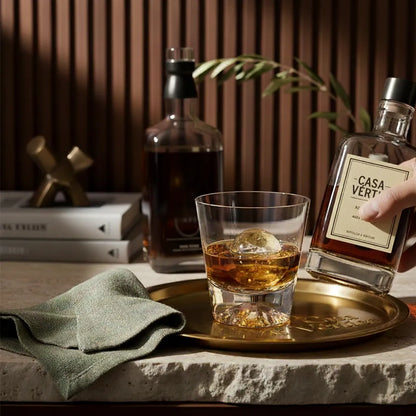 Composição de mesa posta sofisticada com copo de whisky Monte Fuji em ambiente de luxo.