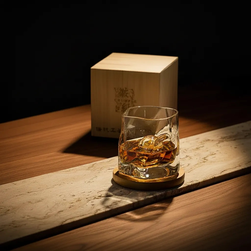 Copo de whisky de cristal EDO japonês com design amassado ao lado de sua caixa de presente em madeira nobre.
