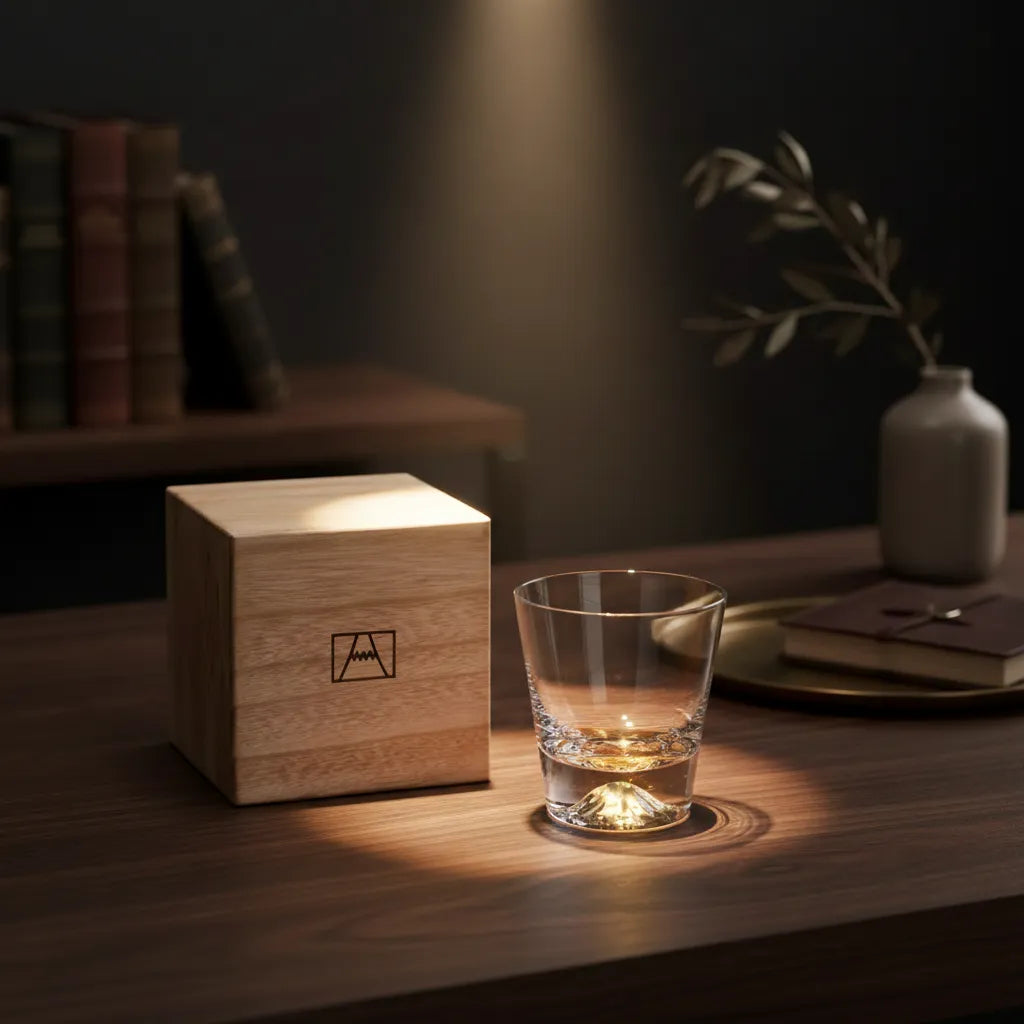 Copo de whisky de cristal premium com escultura do Monte Fuji ao lado de caixa de presente em madeira nobre.